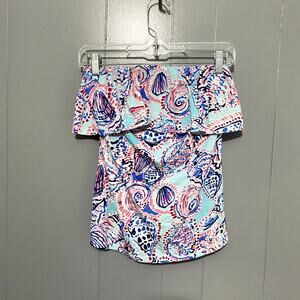 Lilly Pulitzer Shell Me About It Blue Shell Print Ruffle Wiley Tube Top M